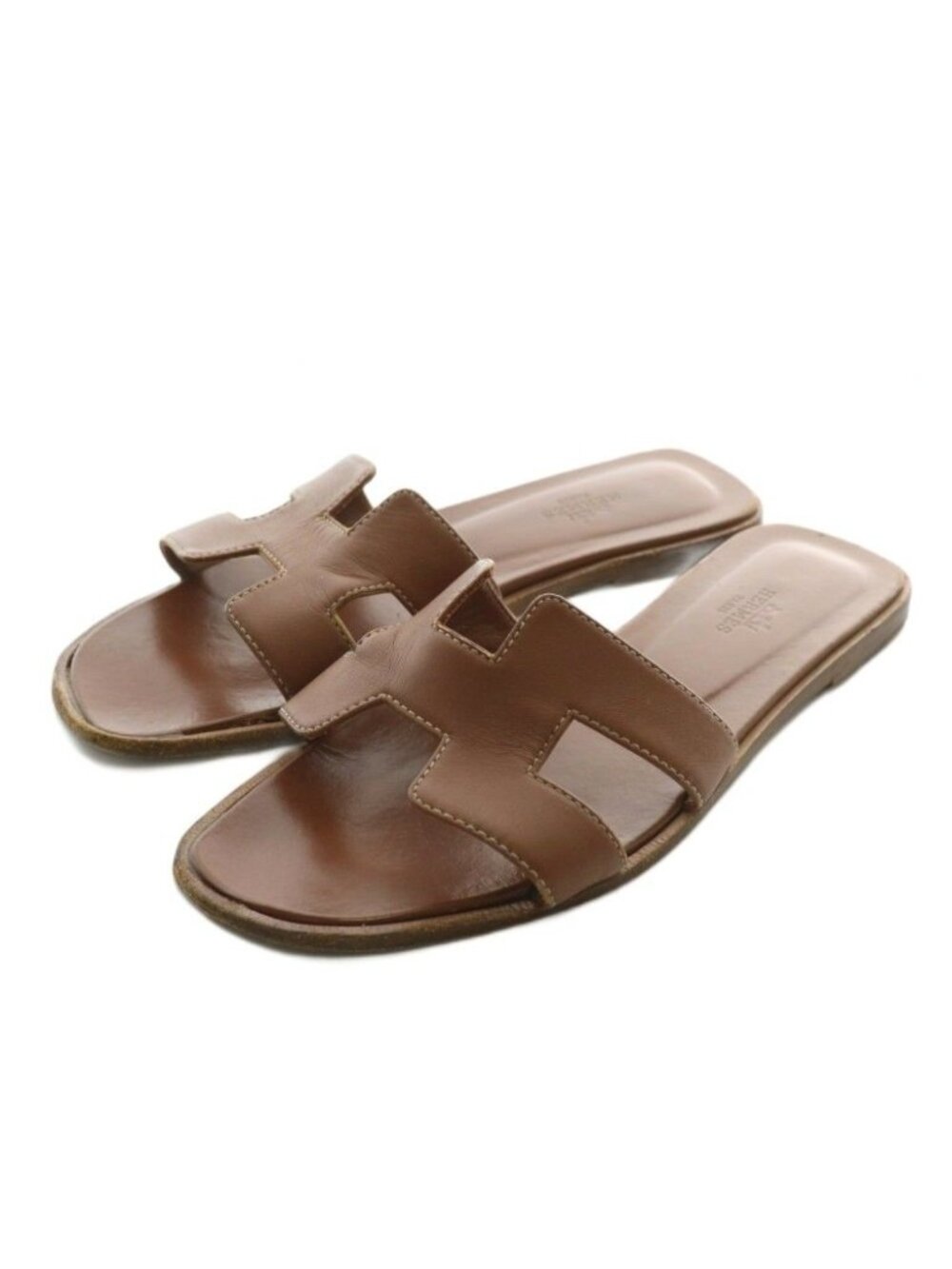 Hermes Oran Sandals Leather Open Toe Flat 38 Brown
